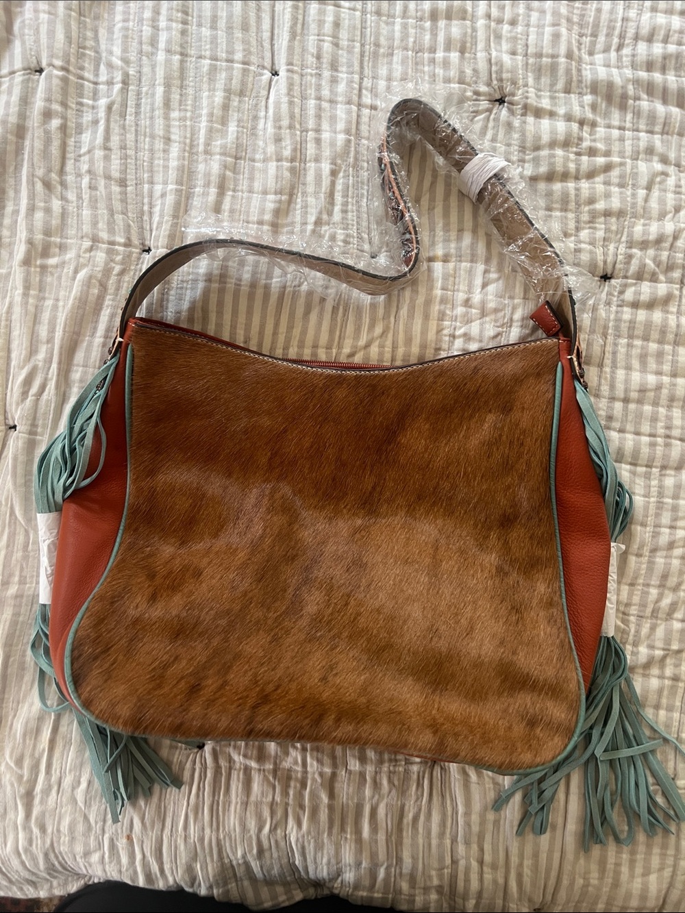 Ariat Brown Haircalf Shoulder Bag with Teal Fringe and Rust Leather Trim